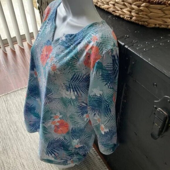 Palm Grove Woman Tropical Print  Beads 3/4 Sleeve Blouse 1X - Picture 4 of 7